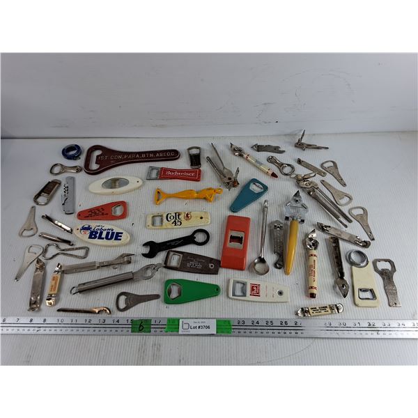 Assorted Bottle Openers, Can Openers & Wine Openers - Labatts, Colt 45, Budweiser