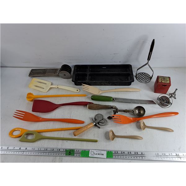 Potato Masher, Plastic Spatulas, Bread Knife, Vintage Ice Cream Scoop, Gyroscope Top, Misc