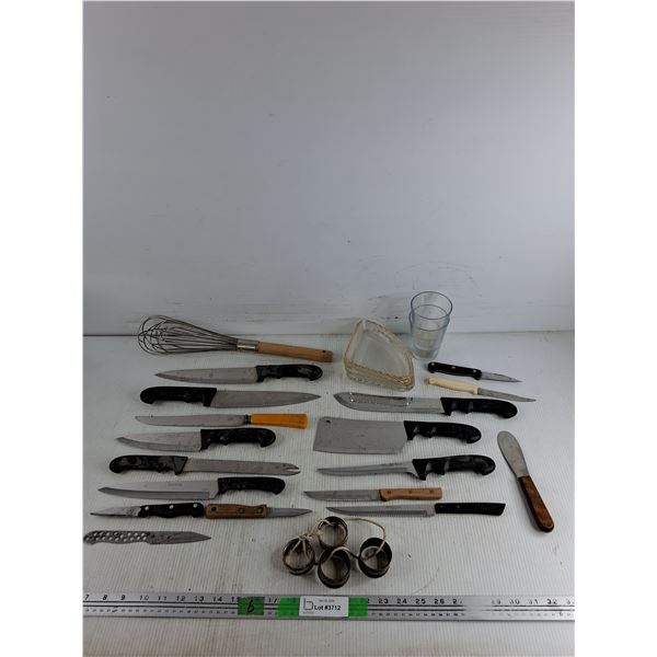 (4) Silver Napkin Rings, Assorted Kitchen Knives, Whisk, (4) Glass Plates, (2) Cups