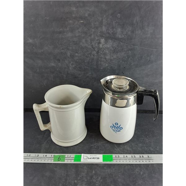 Vintage Ceramic Pitcher & Corning Ware Cornflower Percolator Pot