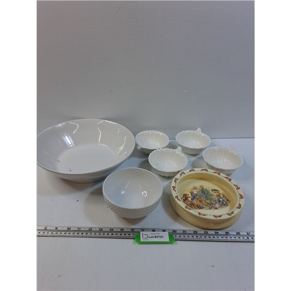 Dishes Lot: Bunnykins Dish, (4) Dessert Bowls, (2) White Serving Bowls