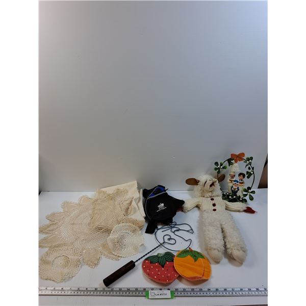 Lot: Lamb Chop Puppet, Lace Crochet, Carpet Beater (Goose), Misc