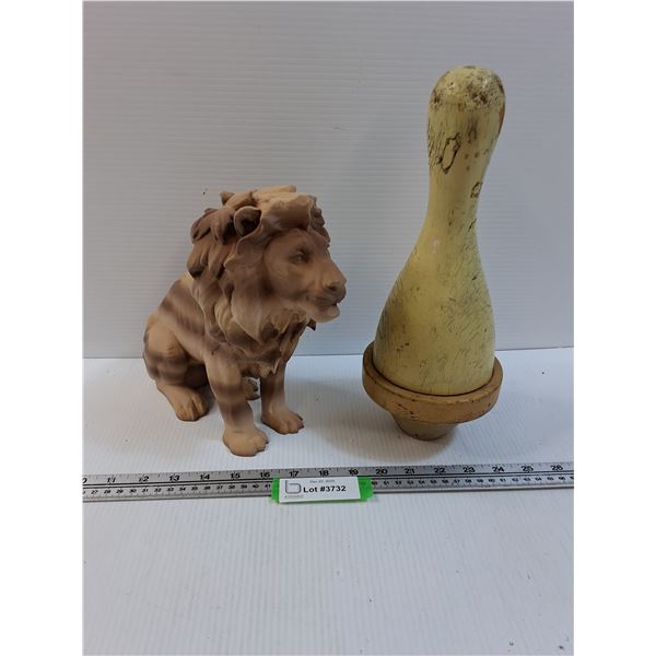 Plastic Lion Figurine & Vintage Wooden Bowling Pin