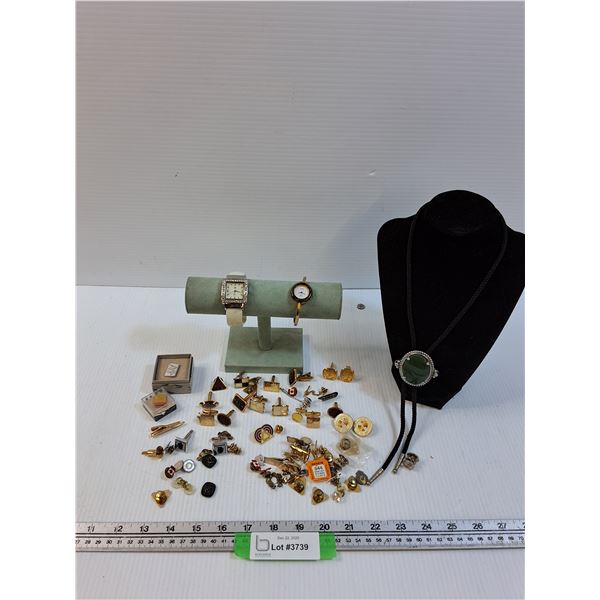 Lot: Cowboy Neck Tie/Bolo, Watches, Mens Cuff Links, Canada Post Pins
