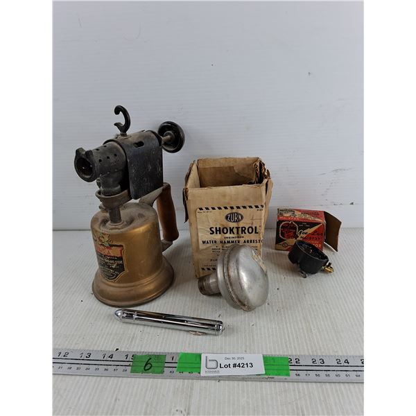 Vintage Coleman Blow Torch, Zurn Shoktrol Water Hammered Arrestor, Flashlight, Gee Lar Arrestor