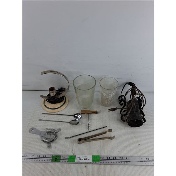 Spring Cocktail Strainer, Bar Tongs, Corkscrew w/ Wooden Handle, Stirring Spoons, Glasses, Misc