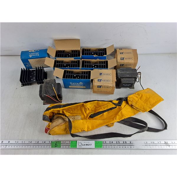 Vintage Delta NC 413 Heatsink Style Modules, Bogen Transformers, Vintage Yellow Life Vest - As Is