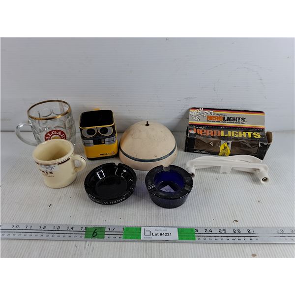 Ceramic & Glass Mugs - Calgary, Wall E, Fry's, (2) Glass Ashtrays, Headlights - As Is