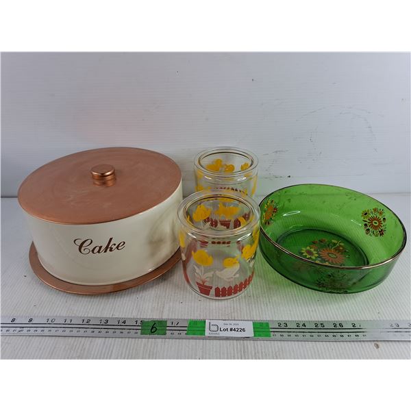 Lidded Cake Dish, (2) Glass Kitchen Storage Canisters, 9" Green Glass Bowl