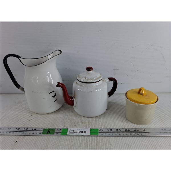(2) Vintage Enamelware - Pitcher, Teapot & Ceramic Lidded Jar - Chipped