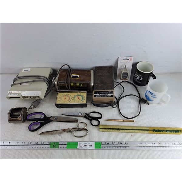 Hewlett Packard Digital Multimeter, Archer Battery Charger, Alarm Clock - Powers On, As Is, Scissors