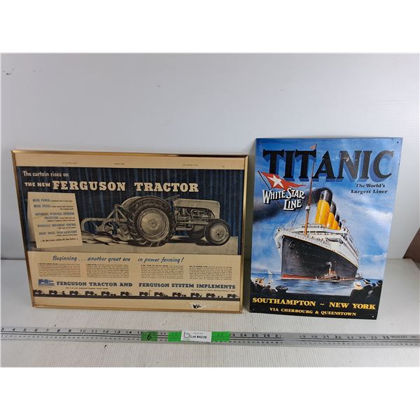 Framed Vintage Ferguson Tractor Poster 19" x 15", Titanic Metal Wall Sign 16" x 11"