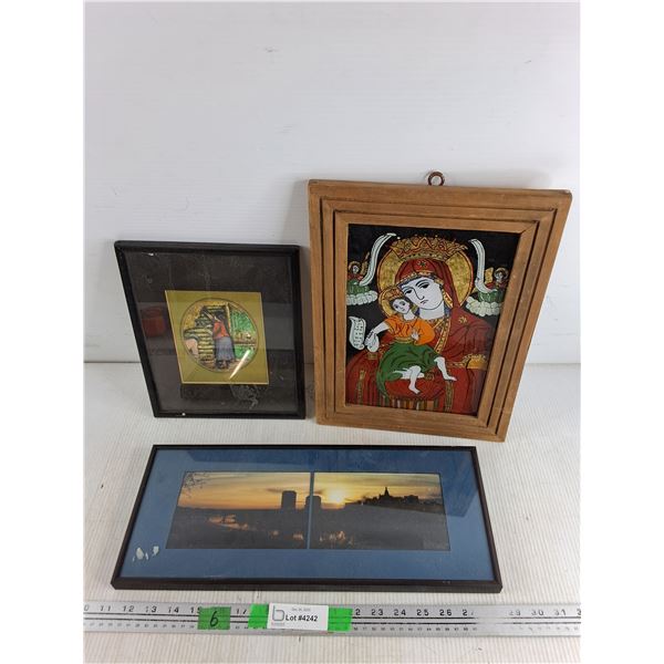 Framed Saskatoon Skyline Pictures, Religious Icon, Village Life Wall Art Prints 17" x 7"