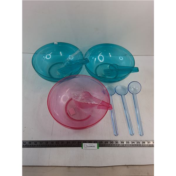 (3) Unused Colored-Transparent 12" Plastic Salad Serving Bowls w/Tongs & Tossing Implements