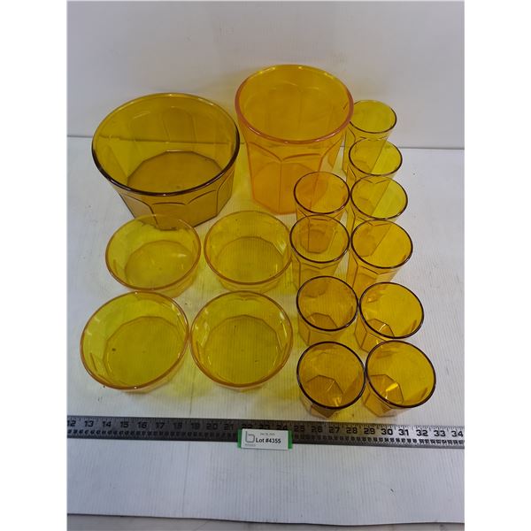 Set of Unused Amber-Transparent Plastic Salad Bowls, Drinking Tumblers, Plant Pot