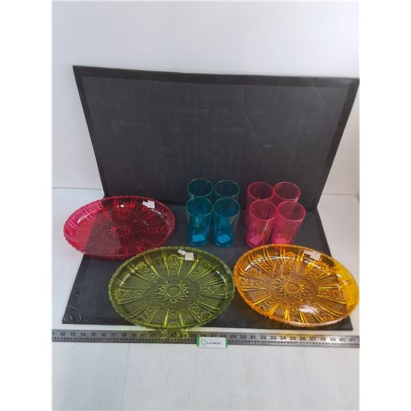 New/Unused Lot (3) Plastic Colored-Transparent Platters, 8 Tumblers