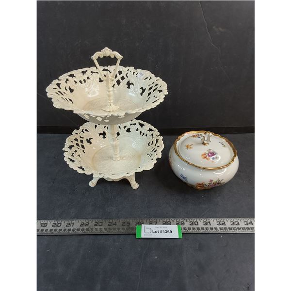 Metal 2-Tier Dainties Server - Paint Cracking, Fine China Candy Bowl from German D.R.