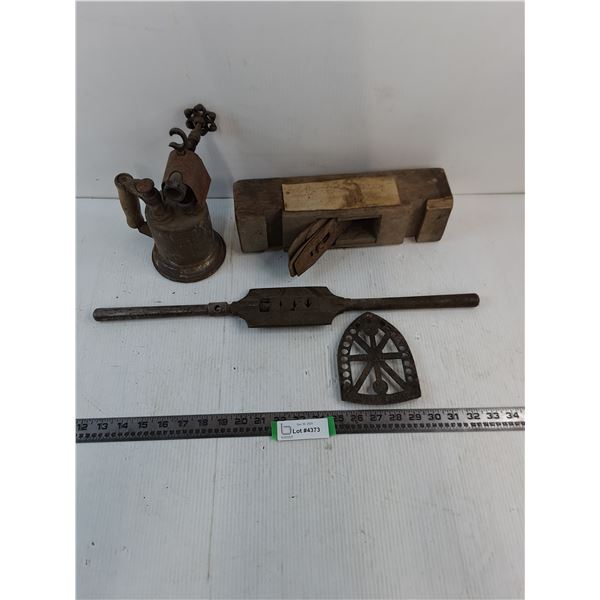 Antique Lot (Blow Torch, Sad  Iron Holder, Tap Wrench, Hand Planer)