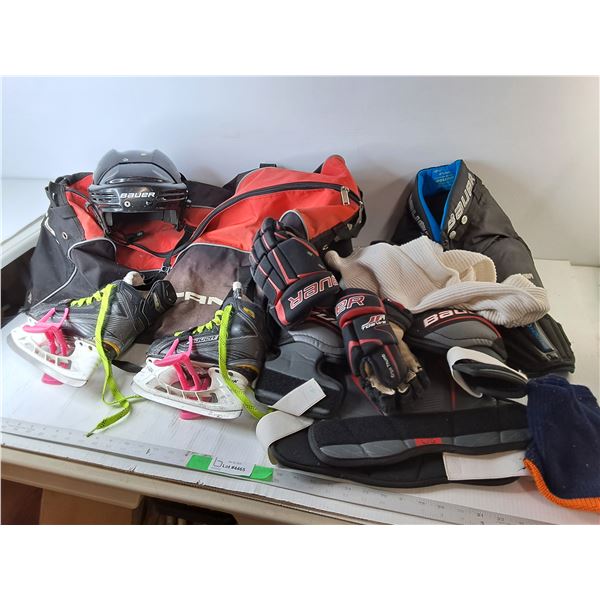 Child Hockey Equipment: Skates- 2, Junior Helmet, 10" Gloves, Misc - PICK UP