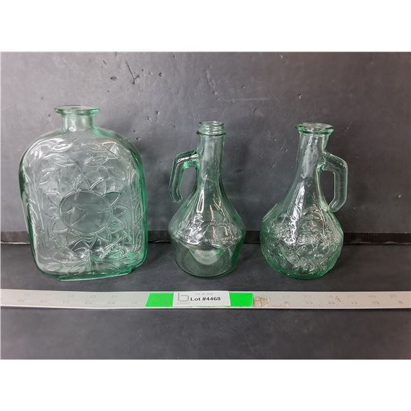 (3) Green Glass Jugs Up to 8.5"