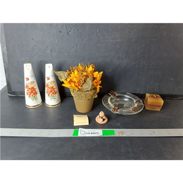 Coffee Style Ashtray, Ceramic Salt & Pepper Shakers, Candle, Misc.