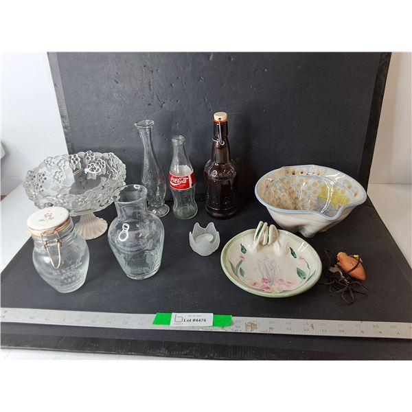 Footed Glass Bowl, Vintage Glass Bottles, Vase, Misc.