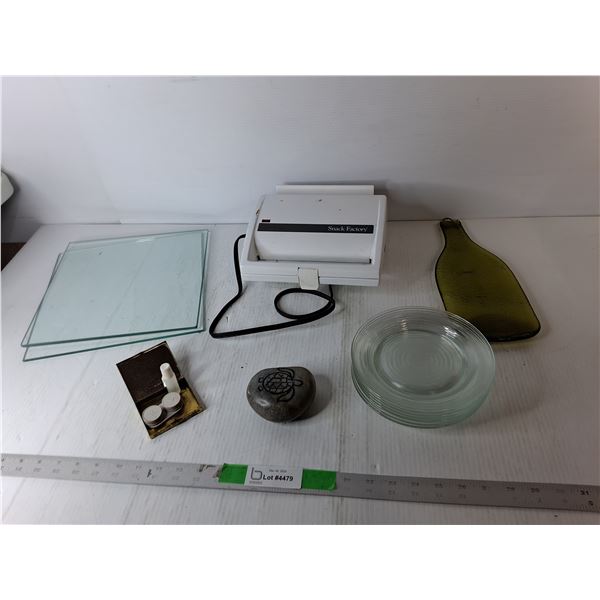 (7) Glass Dessert Plates, Sunbeam Snack Factory- Powers On, Decorative Stone, Misc.