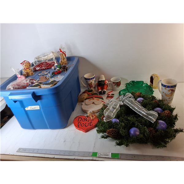 Storage Tote & Christmas Decor-Wreath, Candleholder, Ornaments, Misc - Cannot Ship Tote