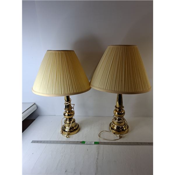 (2) Brass Lamps with Pleated Shades 26.5"- Powers On, One Bulb, Cannot Ship