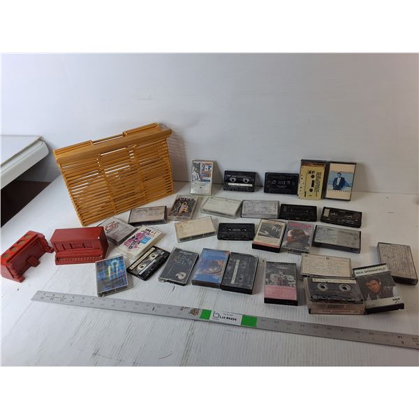 Woven Storage Basket & Cassette Tapes- Bruce Springsteen, Supertramp, Billy Joel, Misc.