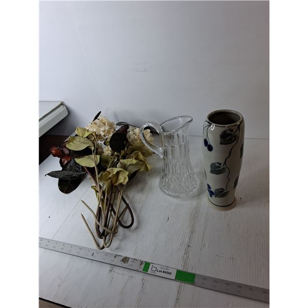 Glass Pitcher, Ceramic Vase 11.5" & Artificial Flowers