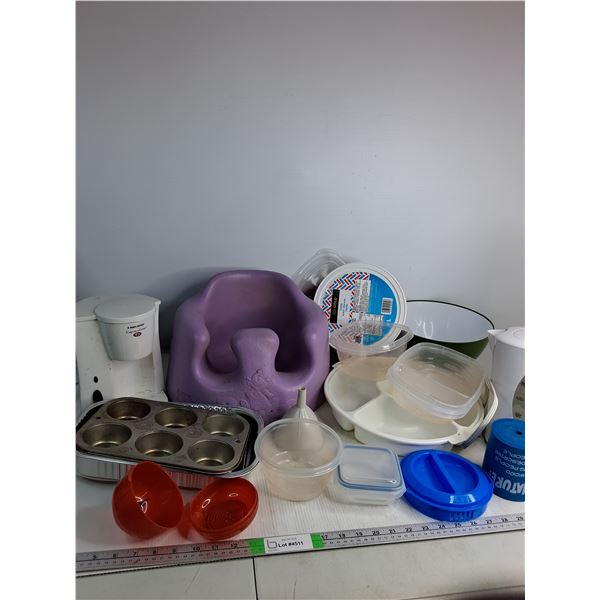 Bumbo, Various Kitchen Supplies- Water Kettle, Muffin Tins, Containers- As Is