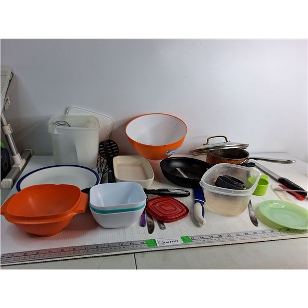 Various Kitchen Supplies- Fire King Oven Glass Plate, Bowls, Pan
