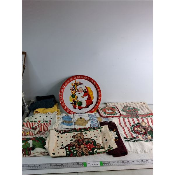 Various Tea Towels, Santa Plate