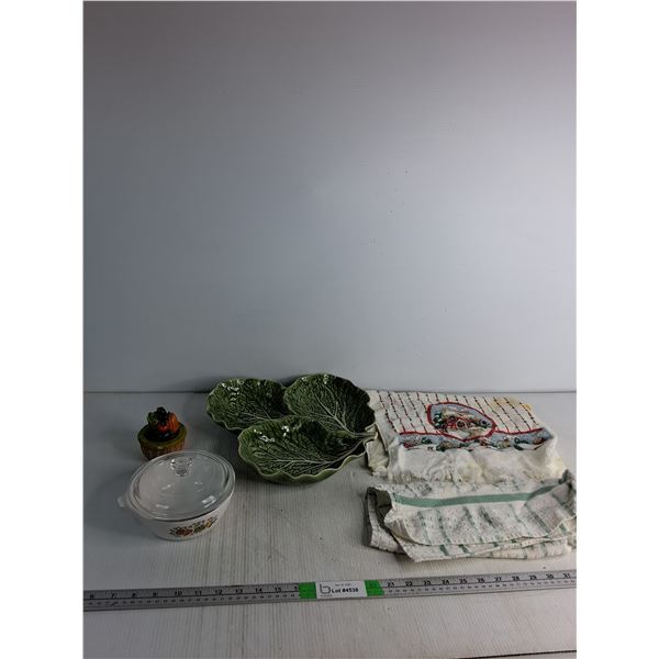 Glass Leaf Bowl, Kitchen Timer- Works, Tea Towels
