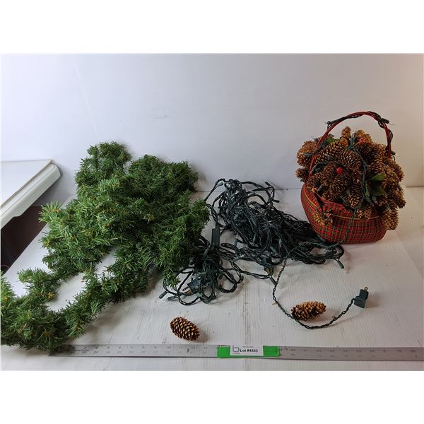 Christmas Lot- (2) Strands of Lights, Tree Style Garland, Basket- All Power On