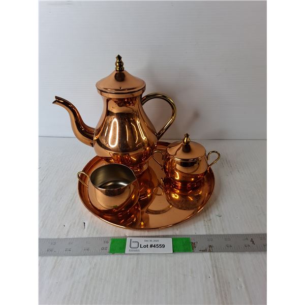 Copper Dish Set- Teapot, Creamer, Sugarbowl, Plate