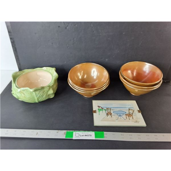 (7) Ceramic Bowls & Greece Postcard Style Painting