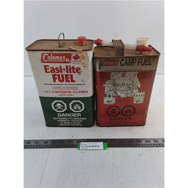 (2) Partial Coleman 4L Tins of Easi-Lite Fuel (Green 1/4, Red 1/3 Approx) - Cannot Ship