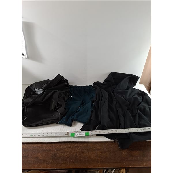 Unmarked Duffel Bag, Adidas Hoodie - Size S, Kids Under Armour Pants Size 6