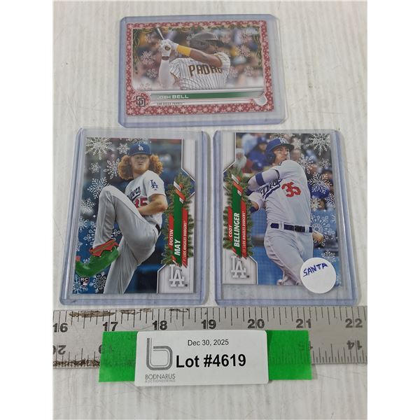 (3) Christmas MLB Cards, Dustin May, Josh Bell, Misc, Cannot Guarantee Authenticity
