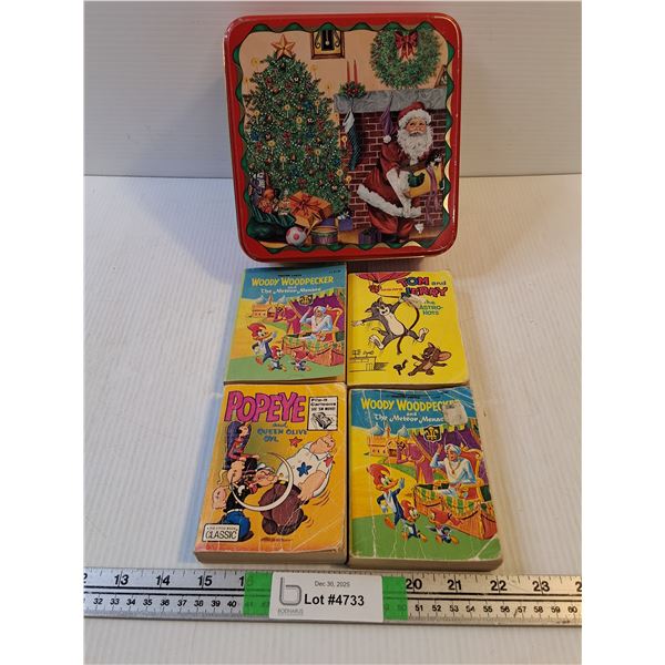 (4) Vintage Kid's Pocket Book Novels and Christmas Tin