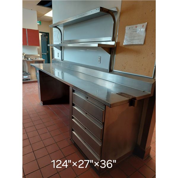 TABLE DE TRAVAIL AVEC 4-TIROIRS ET 2-TABLETTES 124"X27"X36"