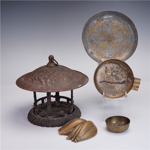 10pc Vintage Asian Mixed Metal Decor Including Hanging Lantern