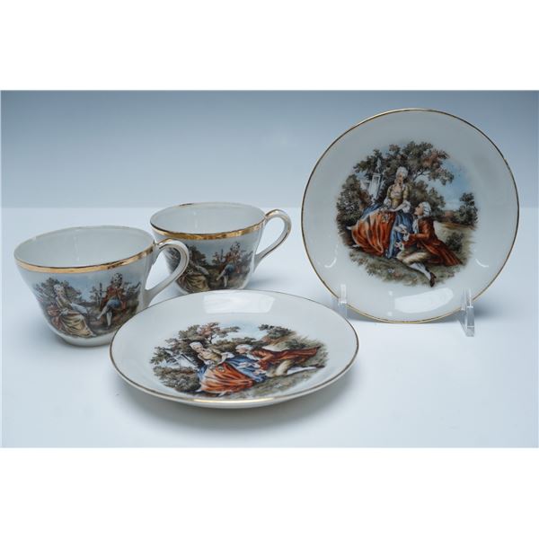 Pair of Occupied Japan Porcelain Cups and Saucers, Rococo Scene