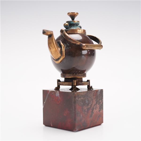 Miniature Stone and Brass Teapot Sculpture