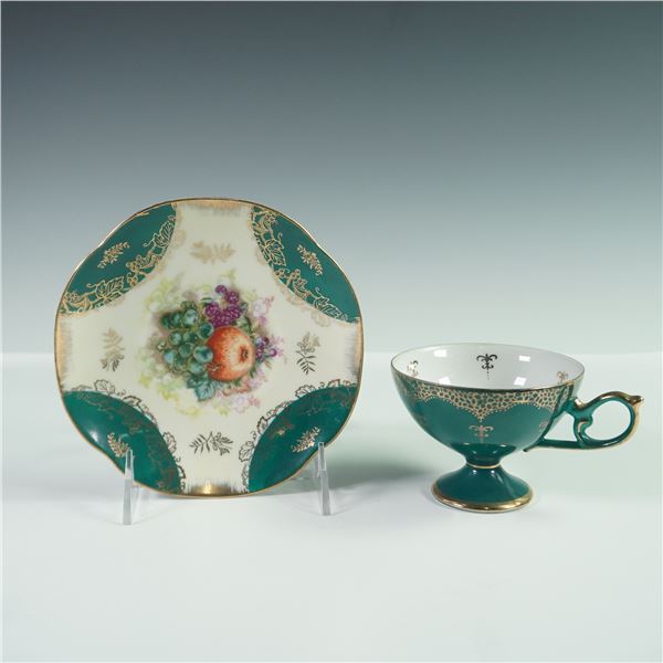 2pc Royal Halsey Very Fine Green and Gilt Fruit Motif Teacup and Saucer