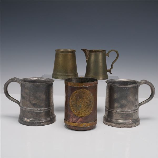 5pc Assorted Metal Mugs, Creamer, and Cup