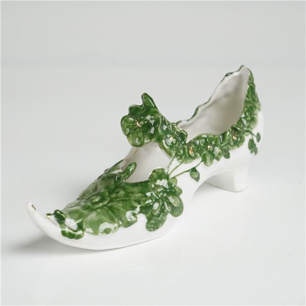 Porcelain Decorative Shoe Figurine with Green Floral Relief