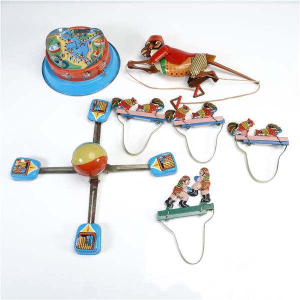 7pc Vintage Tin Toys and Wind Up Carousel